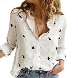 Women's Blouses Shirts Vintage Birds Print Women Blouse Shirt Long Sleeve Buttons Turn-Down Collar Loose Casual Lady Shirts Tops Plus Size Mujer Blusas L230712