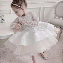 Girl's Dresses Baby Girl Party Dresses Puff Flower Girl Dress Ivory Long Sleeves Glitter Tulle Ruffles Girls Pageant Gowns for Birthday 230712