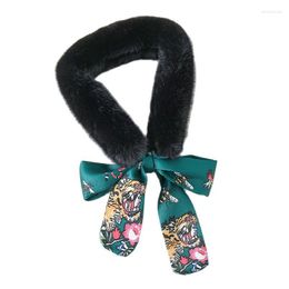 Scarves Scarf Female Autumn Winter Imitation Fur Cartoon Pattern Bow Ribbon Warm Plush Collar Bib