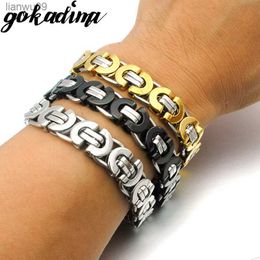 Gokadima Men Bracelet Gold Color Stainless Steel Flat Byzantine Chain bracelet for Christmas gift Hip Hop Jewelry L230704