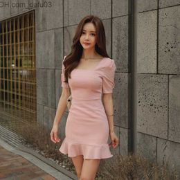 Urban Sexy Dresses 2023 Pink Mermaid Skinny Dress Summer Women's Short Sleeve Square Neckline Mini Dress Casual Office Elegant Women's Dress Z230713