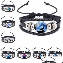 Pendants Moon Wolf Handmade Glass Cabochon Woven Leather Bracelet Bangles Mens Black Punk Animal Bracelets Hip Hop Jewelry Drop Ship Dhvcq