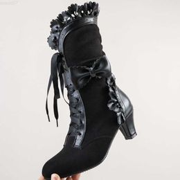 Boots Brand New Big Size 43 Sweet Bowknot Ruffles High Heels Shoelace Gothic Lolita Style Mid Calf Boots Lace-up Black Women Shoes L230712