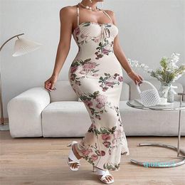 Casual Dresses Women Summer Sexy Floral Print Tie Front Halter Neck Backless Hem Cami Dress