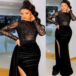 Gorgeous Mermaid Velvet Prom Dress With Slit Elegant Long Sleeve Lace Night Party Evening Gowns Chic Women African Ceremony Wear robe de soiree 2023 vestidos