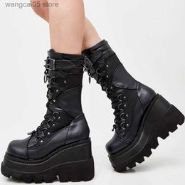Boots Pink Autumn Winter Punk Halloween Cosplay Mid calf boots for women Platform High Wedges Heels Gothic motorcycle Boots Women T230712