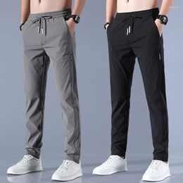 Men's Pants Summer Casual Thin Soft Elasticity Lace-up Waist Solid Colour Pocket Applique Korea Grey Black Work Trousers Male