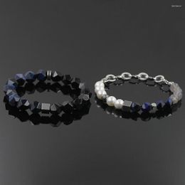 Strand Stainless Steel Square Charm Bracelets Natural Irregular Dark Blue Tiger Eye Couple Bead For Lovers' Jewelry Gifts