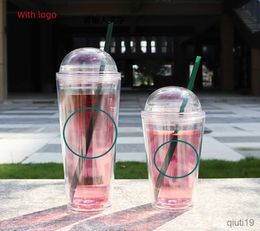 Mugs 2023 New flat lid 710ml clear plastic double wall tumbler cup with straw with black green lid coffee mugs R230712