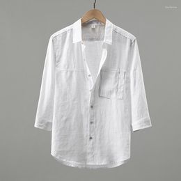 Men's Casual Shirts Linen 3/4 Sleeve Shirt Summer Loose Oversize Solid Turn-down Collar Top Fashion Classic Breathable Blouse