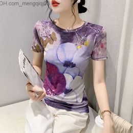 Women's T-Shirt S-3XL Summer Mesh T-shirt Women's Fashion Print Purple Flower T-shirt Women's O-Neck Short Sleeve Top Z230713