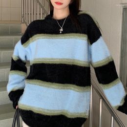 Women's Sweaters DUOFAN Women Korean Striped Sweater Crew-neck Oversized Winter Warm Knitted Pullovers 2023 Streetwear Vintage Female Casual