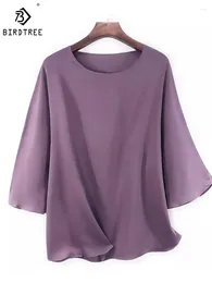 Women's T Shirts Birdtree 2023 Heavy Mulberry Silk Top Elastic Double Joe One Piece T-shirt Bat Sleeve Tees Summer T36958QM