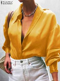 Women's Blouses Shirts ZANZEA Fashion Satin Silk Shirts Women 2023 Casual Blouses Lapel Drop Shoulder Button Up Tops Elegant Office Wear Solid Blusas L230712