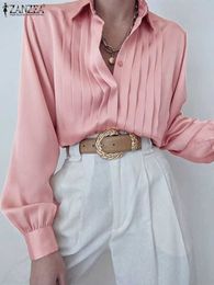 Women's Blouses Shirts ZANZEA Satin Silk Blouse Women 2023 Elegant Lapel Button Up Shirt Long Sleeve Fashion Pleats Tunic Tops Casual Party Blusa Mujer L230712