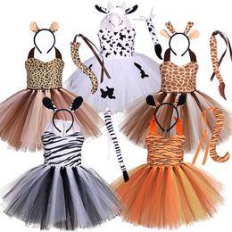 Girl's Dresses Halloween Animal Cosplay Costume for Children Forest Theme Cows Tiger Giraffe Leopard Zebra Tutu Dresses Performance Dance SetsHKD230712