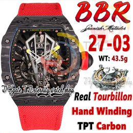 BBR bbrf27-03 Orologio da uomo Real Tourbillon Carica manuale Nero TPT Quarzo Cassa in fibra di carbonio Quadrante scheletro Cinturino in nylon rosso Super Edition 2023 Sport eternity Orologi CP055