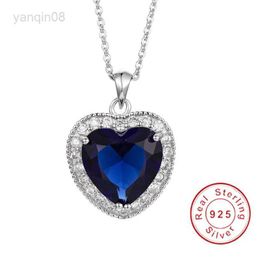 Pendant Necklaces Really 925 Sterling Silver Necklace Big 6ct Heart of the ocean Blue Sapphire Wedding Pendant Necklace for Women Jewellery gift HKD230712