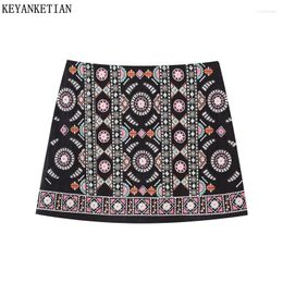 Skirts KEYANKETIAN Summer Ethnic Style Embroidery Mini Skirt Linen Texture Women Bohemian Holiday High-Waisted A-Line