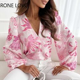 Women's Blouses Shirts Women Chic All Over Print Deep V Neck Long Lantern Sleeves Casual Working Blouses Tops L230712