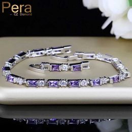 Pera Romantic Bridal Wedding Slim Charm Bracelets Purple and White CZ Crystal Big Square Shape for Women Party Jewellery Gift B060 L230704