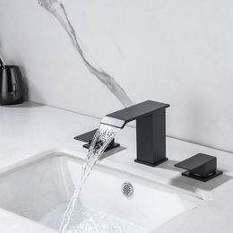 Bathroom Sink Faucets Matte Black Waterfall Faucet 3 Hole Widespread Basin 2 Handle Lavatory Vanity Cold Water Mixer Tap