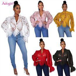 Women's Blouses Shirts Adogirl Hollow Out Lace Shirt Women Solid Fashion Tops Sexy See Through V Neck Long Flare Sleeve Buttoned Cardigan Cape L230712