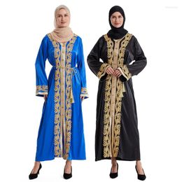 Ethnic Clothing Fashion Dubai Womens Satin Rhinestone Embroidery Long Sleeve Abaya Jilbab Elegant Muslim Turkey Party Maxi Dress Robe Kaftan