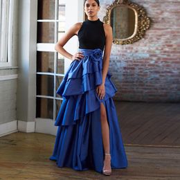 Skirts Elegant Royal Blue Satin Long Skirt For Women High Slit Tiered Silk Taffeta Prom Party Customised Office Lady Formal