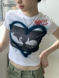 Women's T-Shirt Tonngirls Grunge Tops Women's Y2k Graphic T-shirt Short Sleeve White Crop Top Street Clothing Korean T-shirt Summer Top 230711