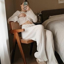 Women's Sleepwear Pijama Women See Through Sexy Ruffled Crop Tops Long Sleeve Pyjamas For Sets Loose High Waist Home Suit