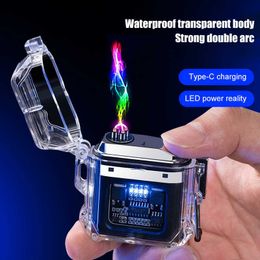 2022 New Outdoor Windproof Waterproof Double Arc Cigarette Lighter Transparent Body USB Pulse High Tech Camping Tool 0FLZ