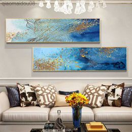 Nordic Luxury Poster Blue Gold Line Abstract Wall Art Canvas Picture with Frame Modern Marble Texture Home Decor Print Painting L230704