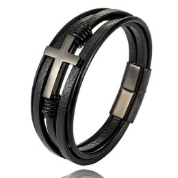 Chain Mens Bracelet Cross Mutilayer Braided Leather Wrapping High End Bangles Trend Personality Fashion Jewellery 230711