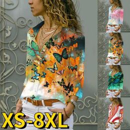 Women's Blouses Shirts 2022 New Women's Blouses Autumn Vintage V-neck Tops Oversized Long Sleeve Winter Everyday Elegance Butterfly Print Button Shirt L230712