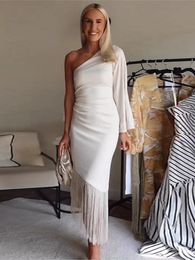 Urban Sexy Dresses Fashion Tassel One shoulder Dress for Women Elegant Solid Color White 2023 Casual Summer Party Club Streetwear Vestido 230712