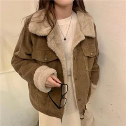 Women's Jackets 2023 Autumn Winter Retro Corduroy Fleece Jacket Long-sleeved Loose Tooling Wind Lapel Thick Warm Cotton Women