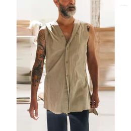 Men's Tank Tops Spring Summer Est Sleeveless Hoodie Cardigan Shirts Men Fashion Vintage Solid Buttoned Split Vest Male Streetwear