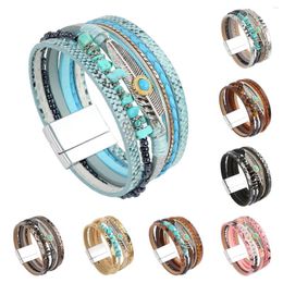 Link Bracelets Metal Feather Charm Women's Leather Bracelet Fashion Bohemian Natural Turquoise Wrapped & Bangle Couple Jewelr