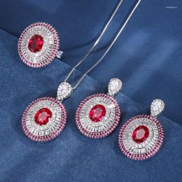 Necklace Earrings Set EYIKA Luxury Simulated Emerald Ruby Sapphire Stone Oval Big Pendant Ring For Women Zircon Fine Jewellery