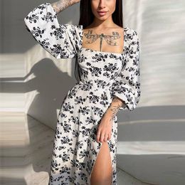 Casual Dresses Summer Floral Printed Midi Dress Streetwear Sexy Slit Mid Length Party Square Collar Lantern Sleeve Beach