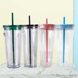 Mugs 500ml Double Layer Transparent Straw Cup With Lid Coffee Cup Reusable Cups Plastic Tumbler Matte Finish Coffee Mug R230712