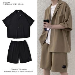 Men s Tracksuits Summer Vintage Short Sleeved Pockets Shirt Top Shorts Pants Suit for Men Oversized Clothing Man Set Black 2 piece set 230711