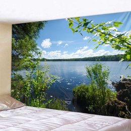 Tapestries Lake Water Blue Sky Sunset Landscape Wall Hanging Tapestry Art Deco Blanket Curtain Bedroom Living Room Decoration