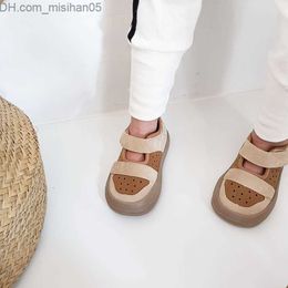 Sandals Children's Spring Summer Geunine Leather Sandals for Boys Breathable Lycra Hollow Cloth Shoes for Babies Soft Sole Barefoot Sandals Z230712