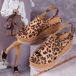 Sandals Women Leopard Wedges Shoes High Heels Platform Casual Wedge Peep Toe Retro 230711