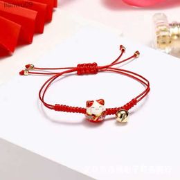 Ceramic Lucky Cat Bell Bracelet Female Student Girlfriends Handwoven Red Colors Rope Bangle L230704