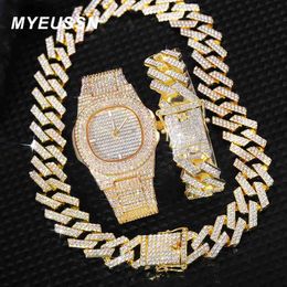 Pendant Necklaces New Iced Out Mens Cuban Link Chain Bracelet Necklace Choker Bling Jewellery Men Big Gold Colour Chains Hip Hop Punk Set HKD230712