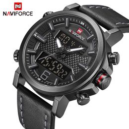 NAVIFORCE Mens Sports Watches Men Quartz LED Digital Clock Top Brand Luxury Male Fashion Leather Waterproof Military Wrist Watch