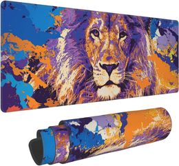 Watercolor Lion Gaming Mouse Pad XL Non Slip Rubber Base Mousepad Stitched Edges Desk Pad Extended Large Mice Pad31.5 X 11.8 In
